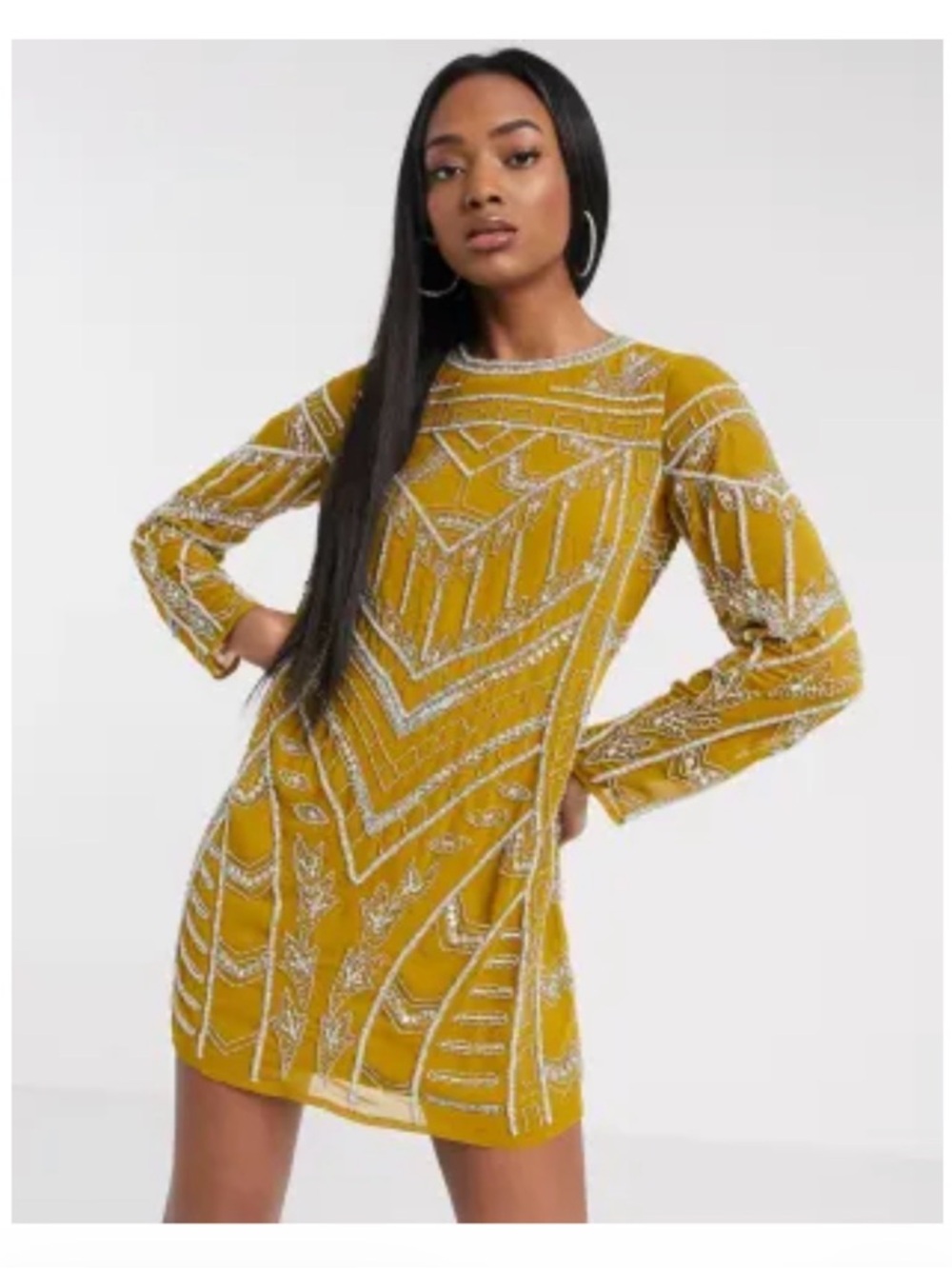 ASOS Mustard Yellow Beaded Long-Sleeve Mini Dress